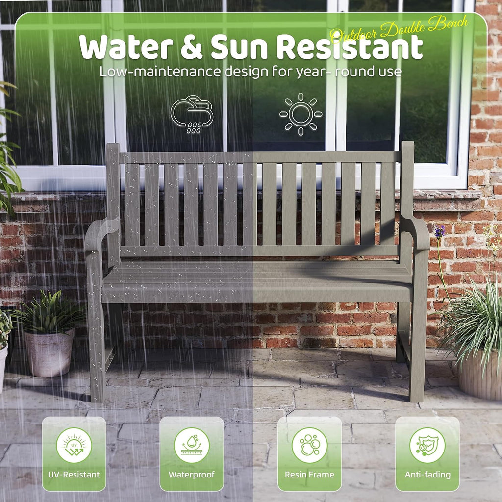 Outdoor Bench, 2-Person Resin Bench, Grey | Waterproof & Weatherproof, Ergonomic Design, For Porch, Deck, Patio