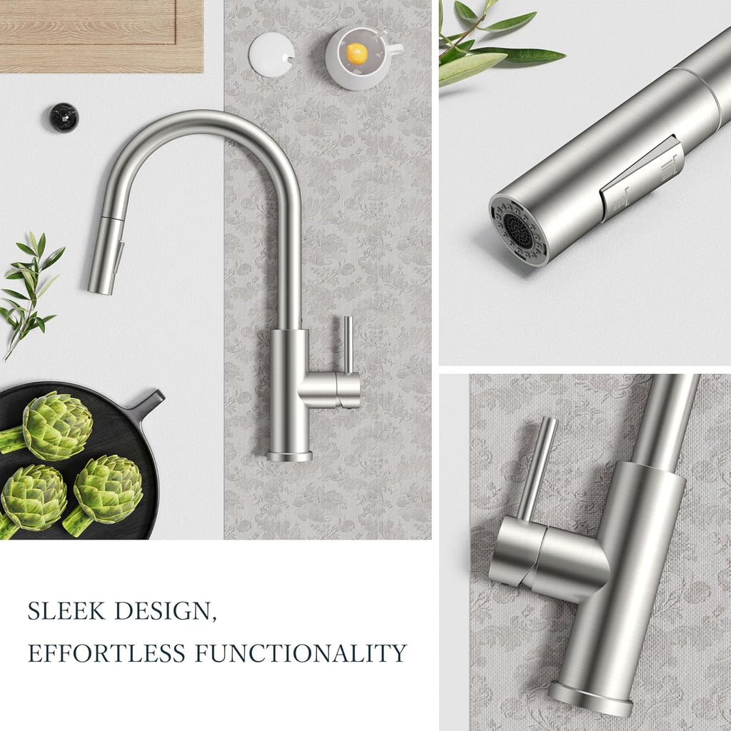Kitchen Faucets with Pull Down Sprayer, Brushed Nickel Classic Single Handle Stainless Steel High Arc Faucet for Kitchen Sink, 1 Hole with Deck Plate Sink Faucet for Bar RV Farmhouse Laundry