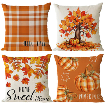 Fall Throw Pillow Covers 20x20 Set of 4 Thanksgiving Pumpkin Pillow Covers Orange Plaid Autumn Pillow Case Maple