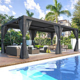 Louvered Pergola 12x24, Aluminum with Adjustable Roof, Outdoor with Waterproof Curtains and Nets, Dark Grey