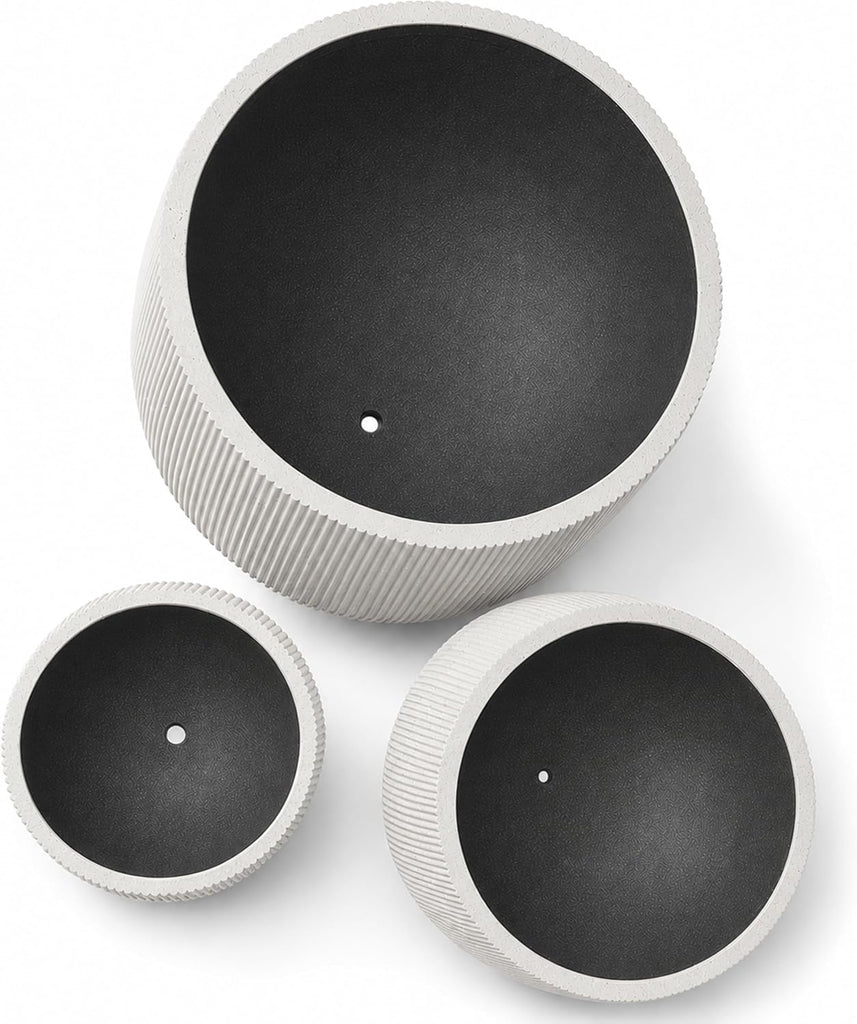 Set of 3 Fluted Round Polystone Indoor/Outdoor Planters, White, Sizes: 20.1 x 20.1 x 20.9 in., 15.1 x 15.1 x 16.5