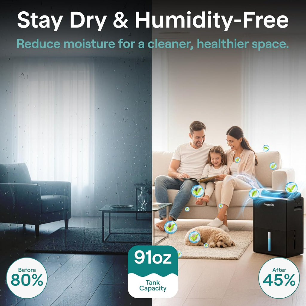 91 OZ Dehumidifier For Home | Covers 1200 SQ FT For Basements, Bedrooms