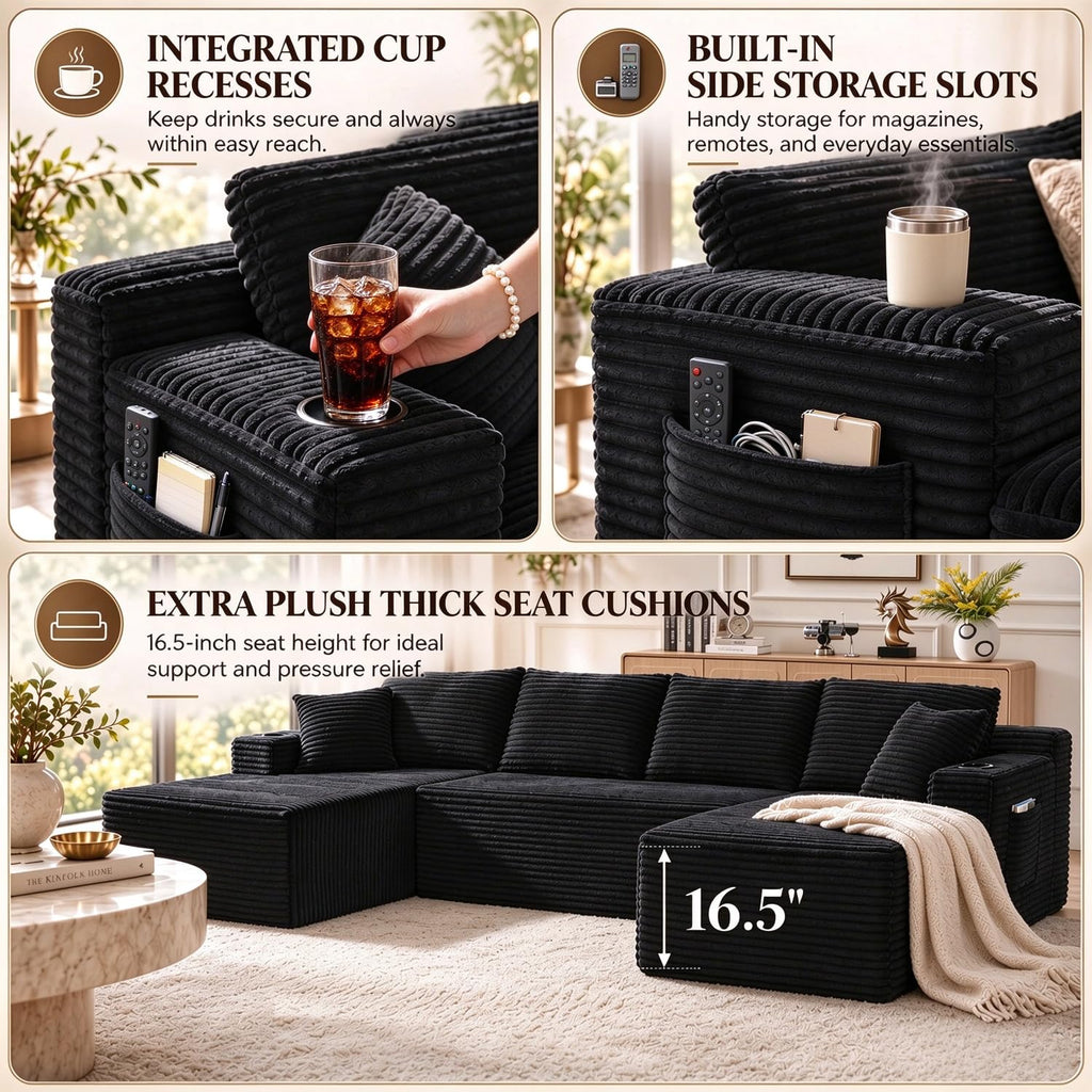 134" Boneless Couch, U-Shaped Modular Sectional Sofa, Beige