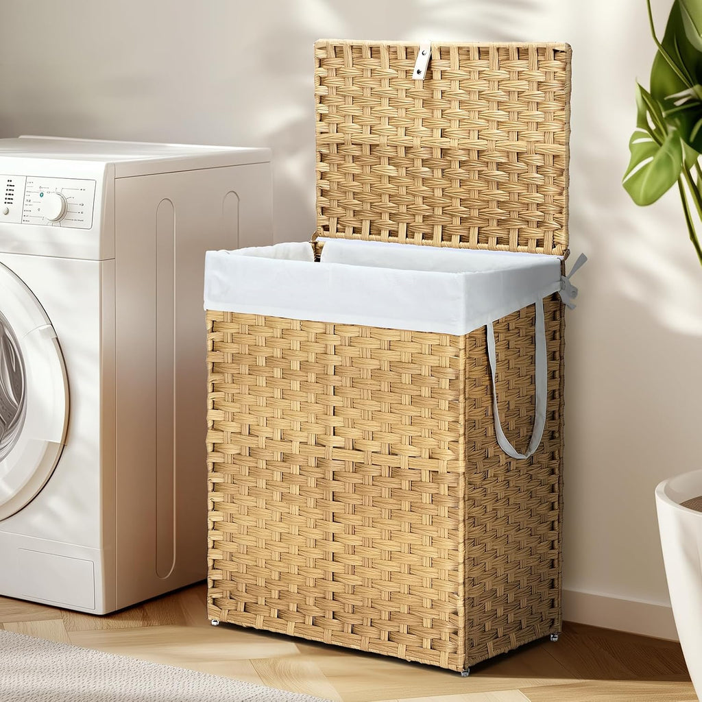 Woven Laundry Basket with Lid, 90L Large Capacity Hamper, Removable & Machine-Washable Liner, Foldable Rattan Clothes
