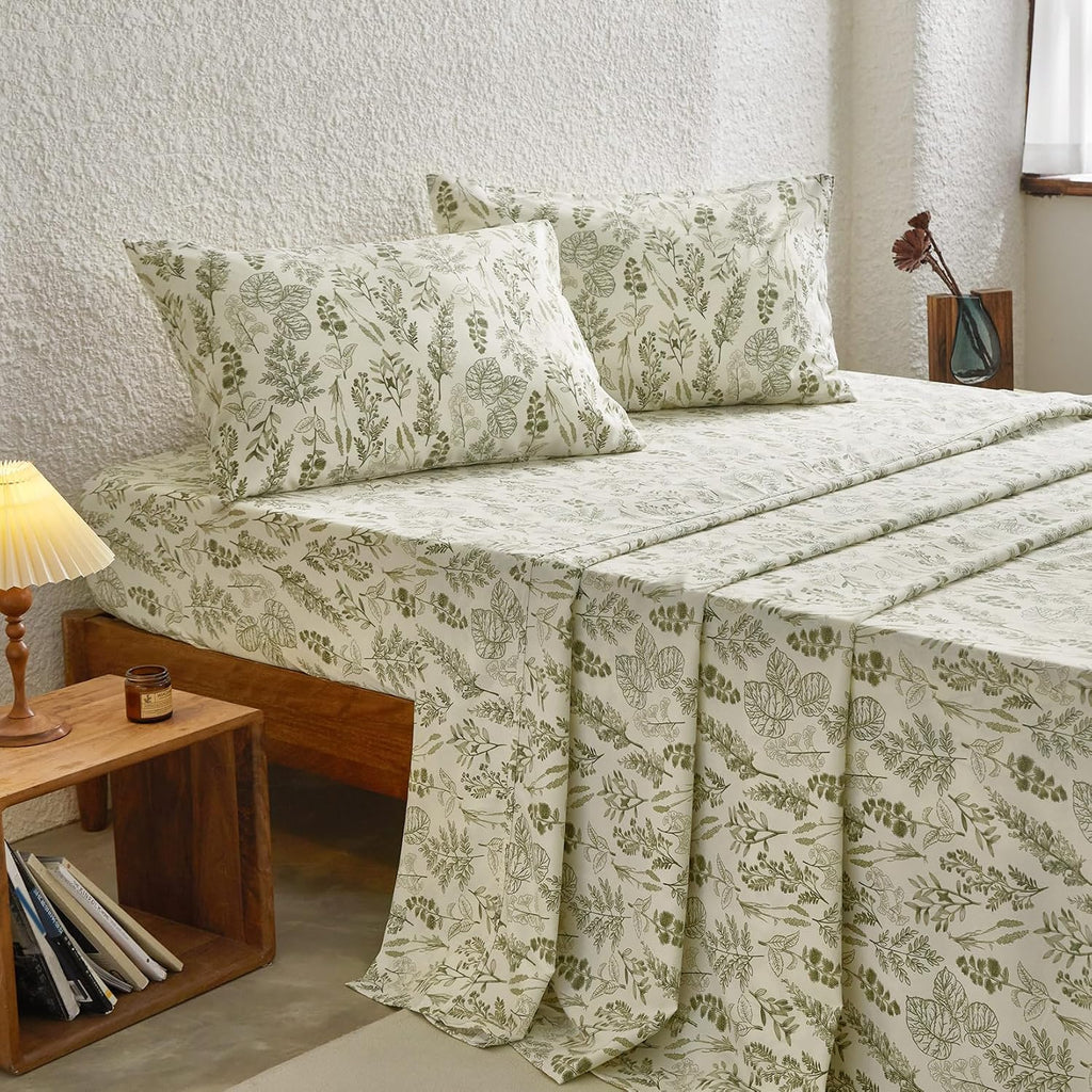 Botanical Bed Sheets, 4-Piece Sheet Set, Floral Shabby Chic Leaves Pattern Printed Coquette Vintage Aesthetic