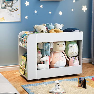 3-in-1 Toy Storage Box with Bookshelf and Chalkboard, Large Stuffed Animal Toy Chest on Wheels, Kids Toy Storage