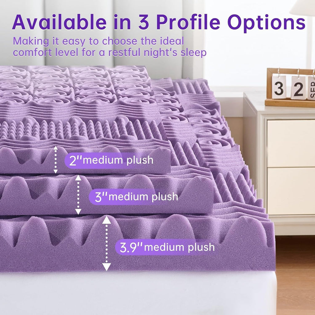 3 Inch 7-Zone Queen Mattress Topper, Egg Crate Memory Foam Mattress Topper Queen Size for Back Pain, Lavender Gel