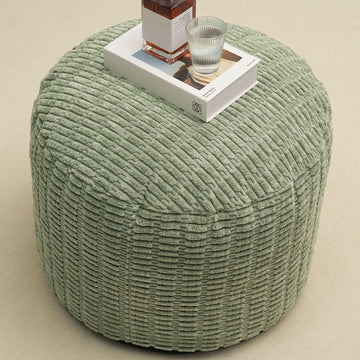 Round Stuffed Pouf Ottoman for Foot Rest 20" X 15" Faux Fur Poufs, Green