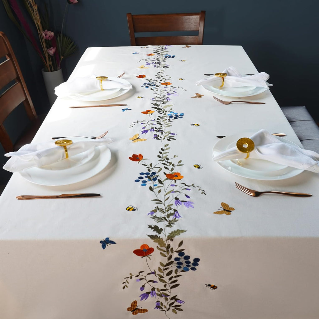 Embroidered Cotton Tablecloth 60 x 90 Inch Rectangle - Washable & Colorfast Table Cover, Farmhouse, 