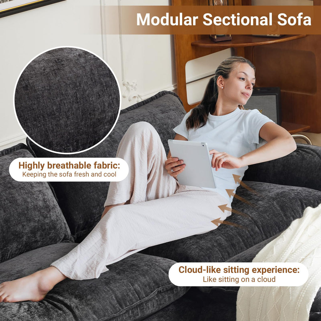 122" Cloud Black Convertible Sectional Sofa, Comfy L-Shape Extra Deep Seat Sofa Couch, Modern Chenille 3-Seat