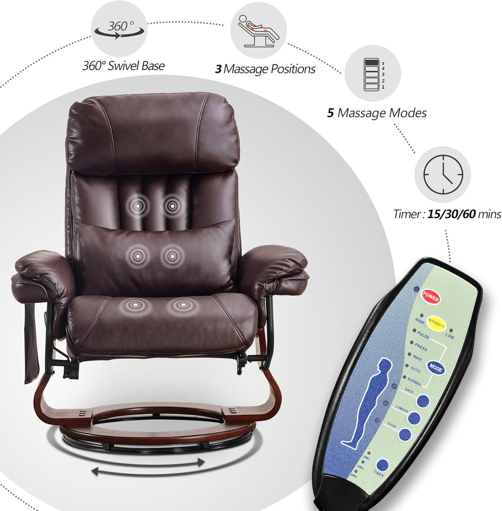Modern Reclining Swivel Lounge Chair and Ottoman — Brown Faux Leather