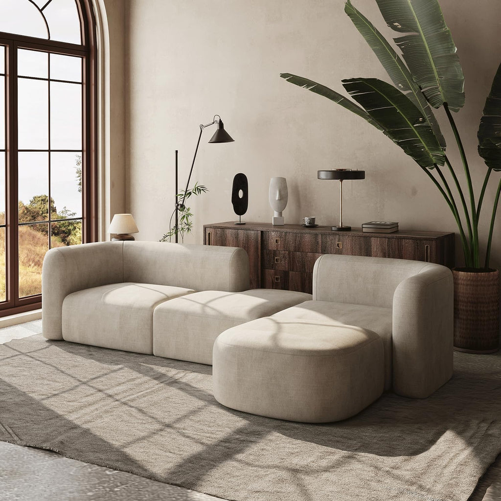 Luxury Modern Tight Curved Back Velvet Sofa, Minimalist Style Comfy Couch Apartment, 4 Seater Modular Sectional, Cream