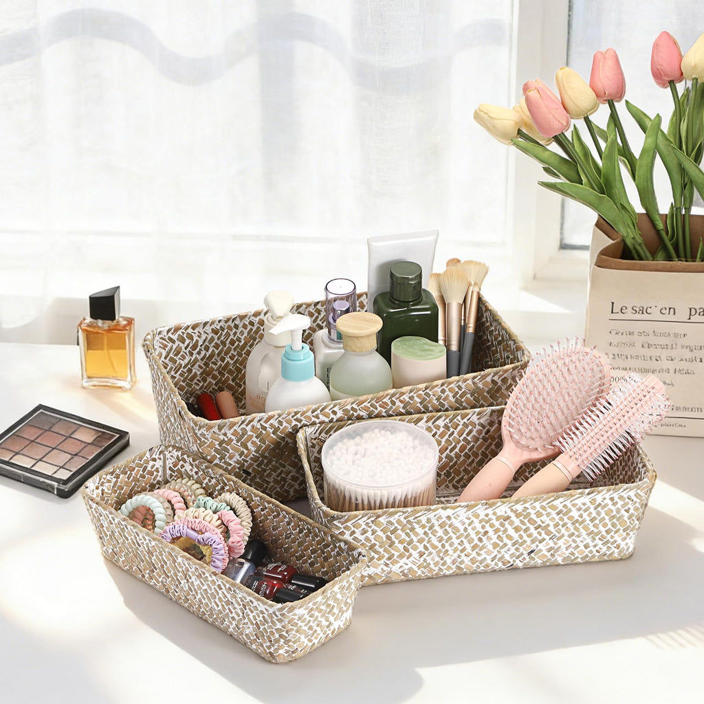 3 Natural Wicker Basket Set Rectangular Seagrass Basket, White Washed