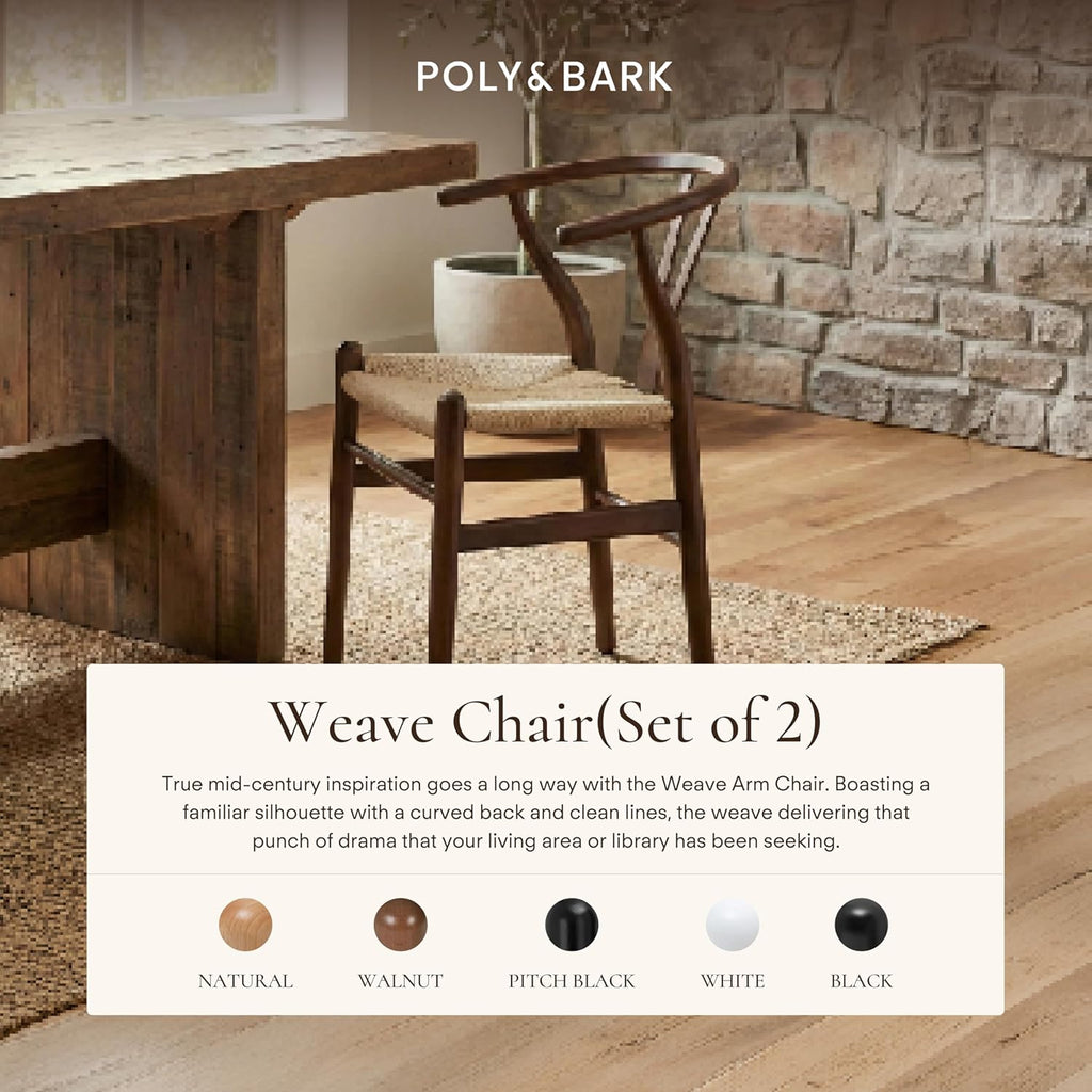 Weave Dining Chairs - Mid-Century Modern Wishbone Dining Chairs with Arms, Solid Wood Frame, Indoor Use - Walnut- Set