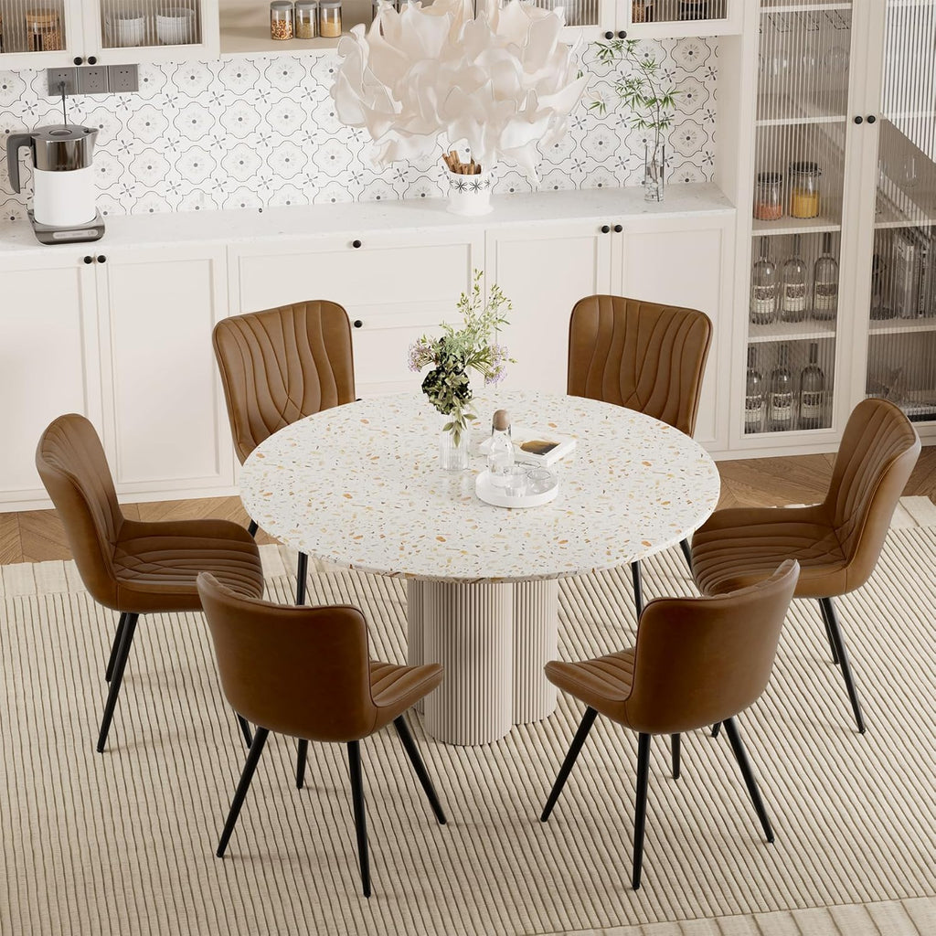 Dining Chairs Set of 6, PU Leather Upholstered Armless Dining Room Chairs with Metal Legs, Brown