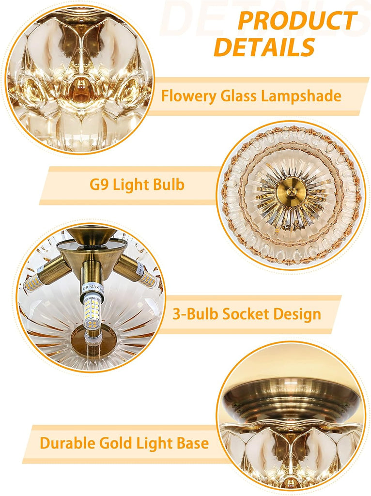 Semi Flush Mount Ceiling Light,Vintage Gold Hallway Lights Fixture | 11IN 3-Bulb Bright Even Light,Amber Glass Close