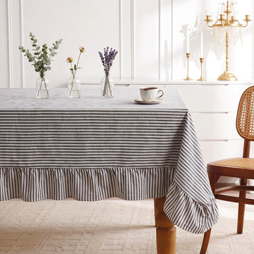 102 x 60 in Farmhouse Ruffle Striped Tablecloth, Black, Striped