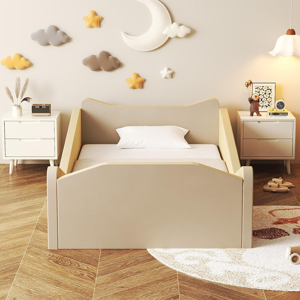 Toddler Bed, Floor Bed with Safety Guadrail, Montessori Toddler Bed with Animal Ear Shapes, Soft Velvet Wood Bed for