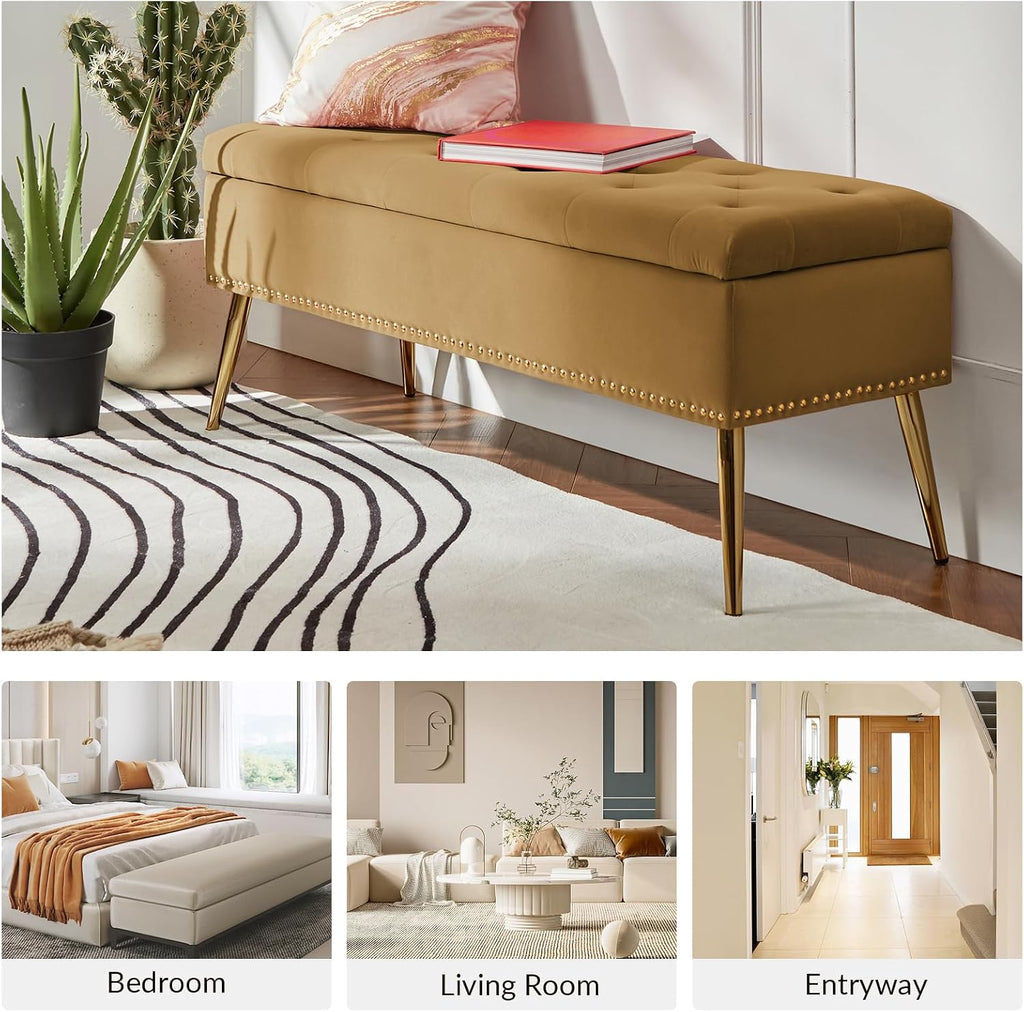 45.5" Luxury Velvet Storage Ottoman Bench with Button Tufted & Nailhead Trim, Upholstered Entryway Benches with Gold