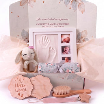 Baby Gift Basket - Newborn Gift Set 6 Pieces: Bamboo Blanket, Footprint Frame, Rattle, Comb, Pacifier Clip &
