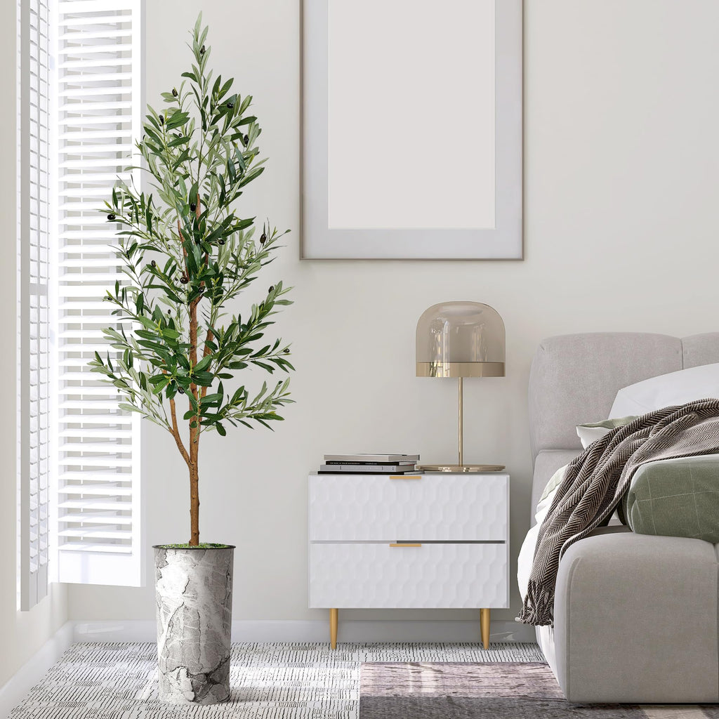 Artificial Tree in Gray Marble Effect Planter, Fake Olive Silk Tree for Indoor and Outdoor Home Decoration - 68"