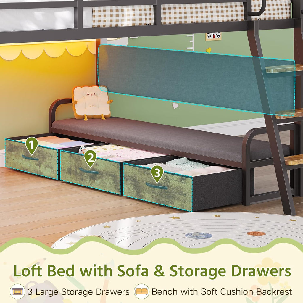 Full Low Loft Bed with Desk,Full Bed Frame with 9 Storage Drawers