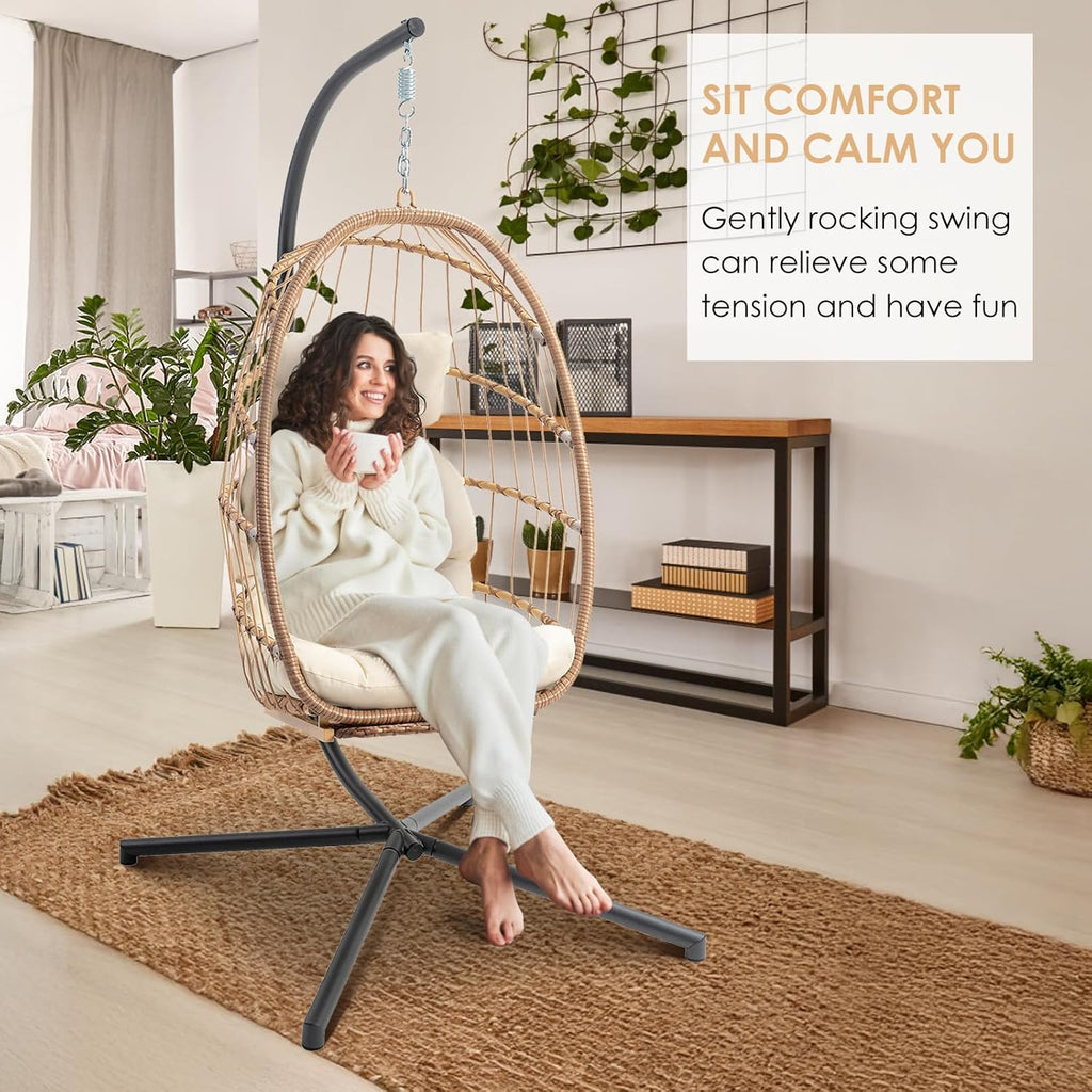 Hanging Egg Chair with Stand and Footrest for Indoor Outdoor, Begie | Wicker Egg Swing Chair with Aluminum-Steel