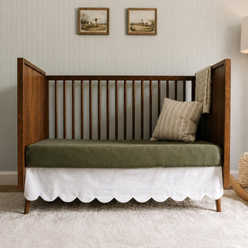 White Crib Bed Skirt, Front+Two-Sided Scalloped Skirt, 16in Drop