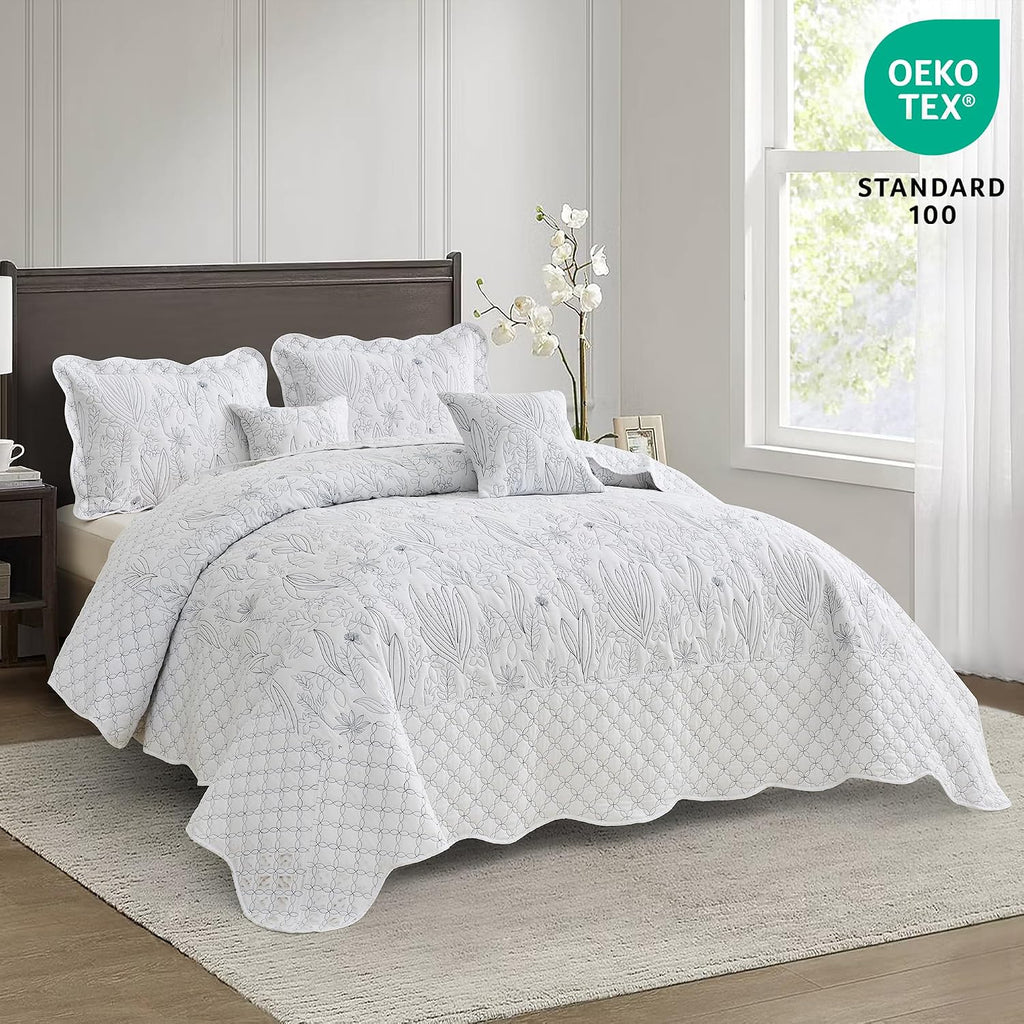 Botanical Oversized Bedspread King - Leaves Pattern Stitching Quilt Set - Elegant & Fresh Style Bedding Coverlets