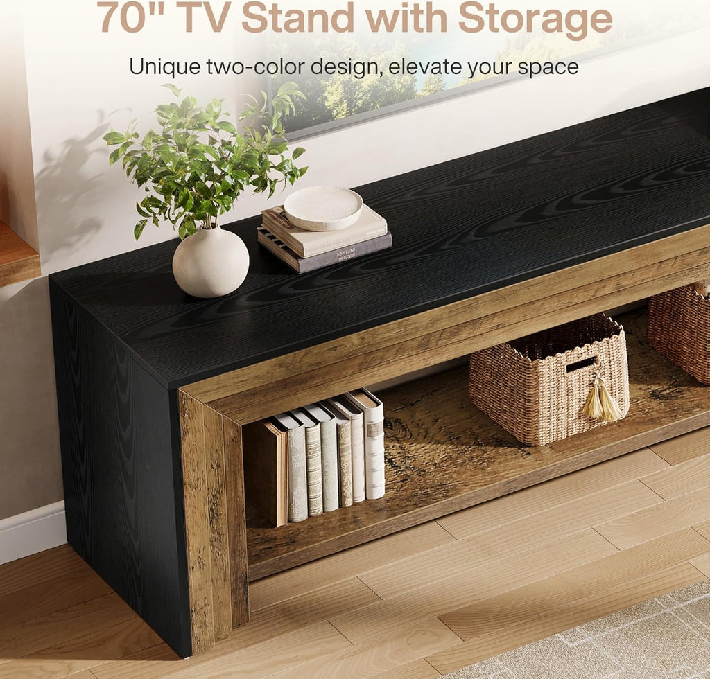 70" Long TV Stand for 75-Inch TV, Farmhouse Entertainment Center | Low Media Console Wooden Television Stand for Living Room, Bedroom Open Storage Shelves, Two-Tone Design Rustic Brown & Black