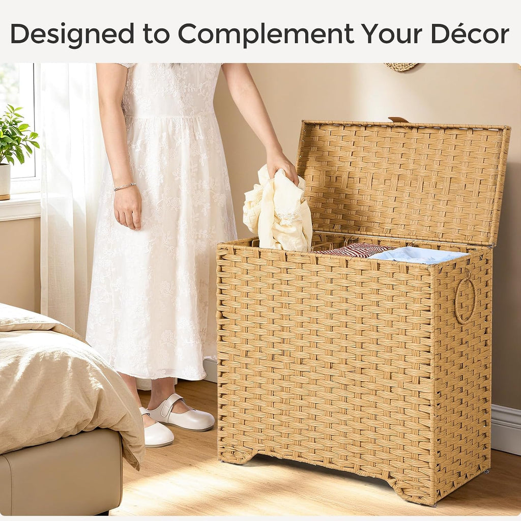130L Wicker Laundry Hamper with Lid, 3-Section Laundry Basket | 3 Removable Liner Bags; 4 Included Mesh Laundry Bags;