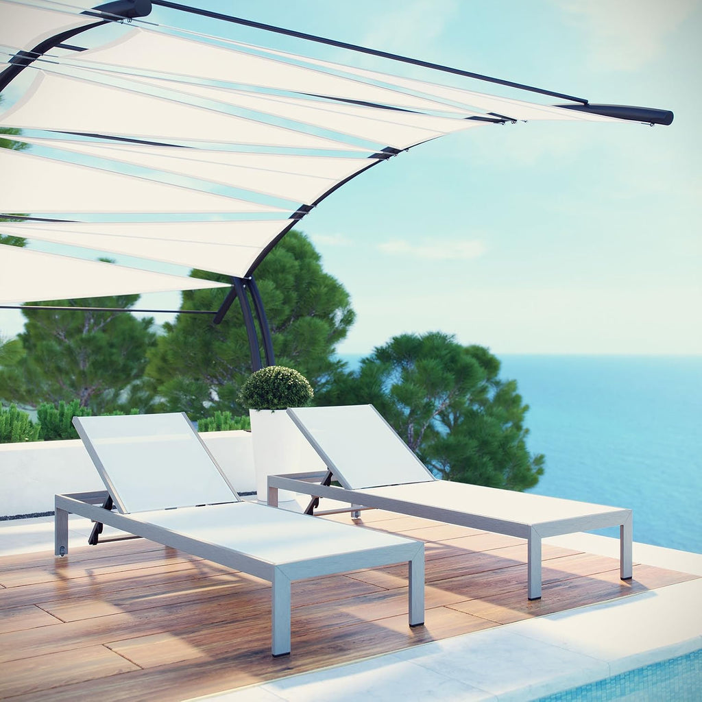Shore Aluminum Textilene Mesh Outdoor Patio Two Poolside Chaise Lounge Chairs in Silver White