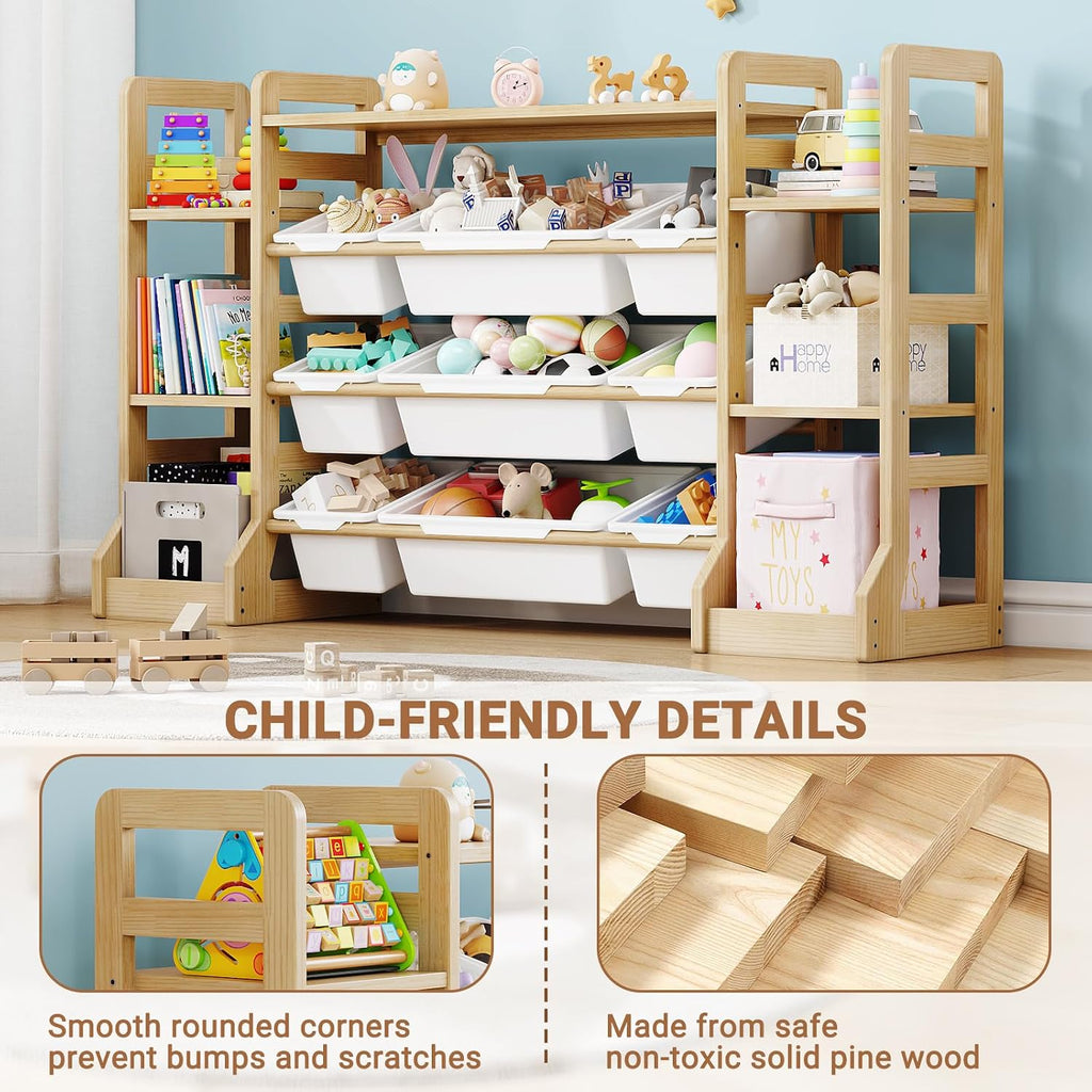 Kids Toy Storage Organizer with Bookshelf, 6 Shelves 9 Bins | Wooden Toy Shelf, Storage Boxes, Extended Base Sturdy