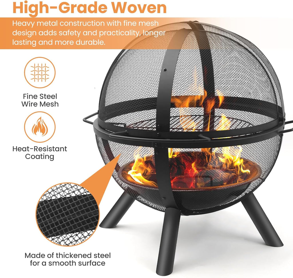 Globe Fire Pit with BBQ Grill - Spherical Wood Burning Fire Ball