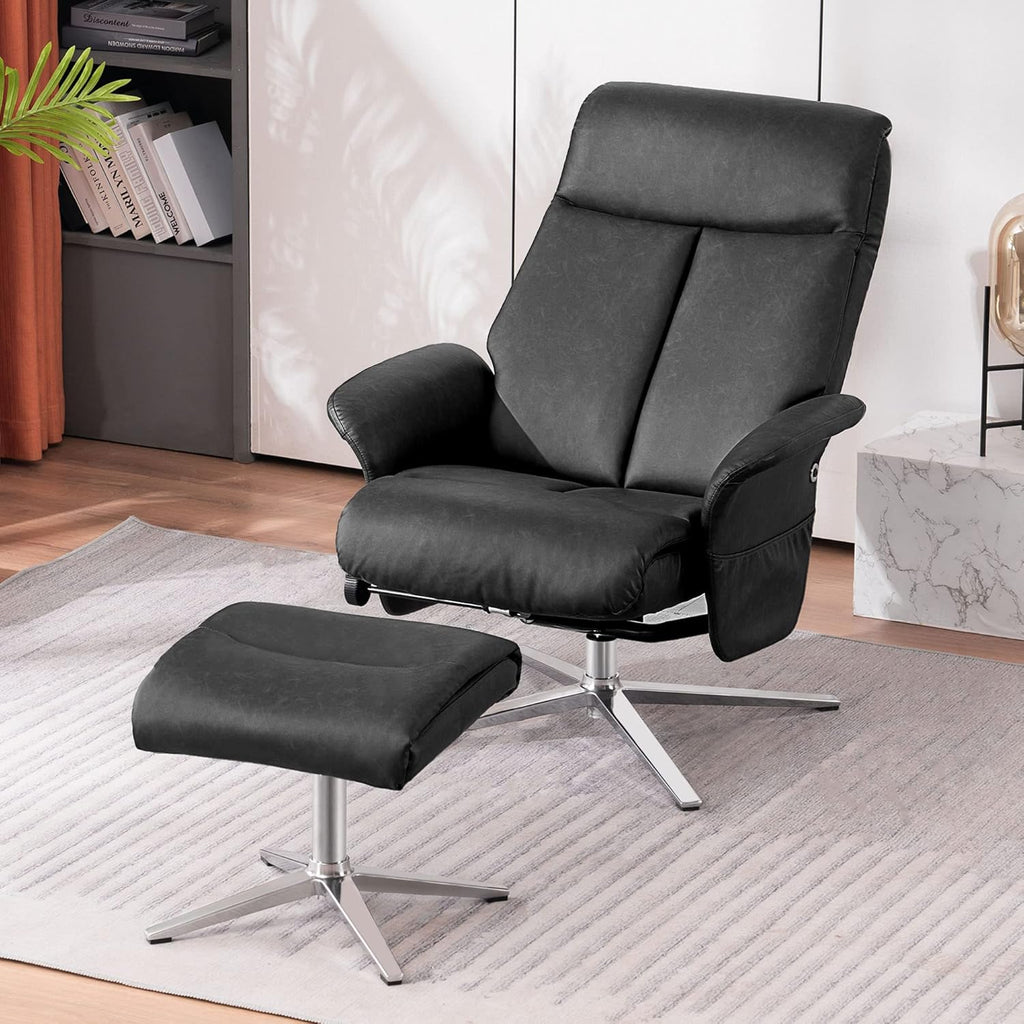Modern Reclining Swivel Lounge Chair and Ottoman — Grey Faux Leather
