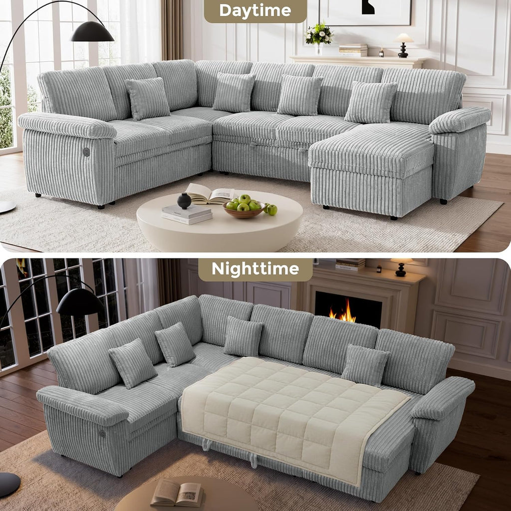 110" Sectional Sleeper Sofa with Pull Out Bed, Storage Chaise & USB Charging, U Shaped Plush Corduroy Comfy Sectional