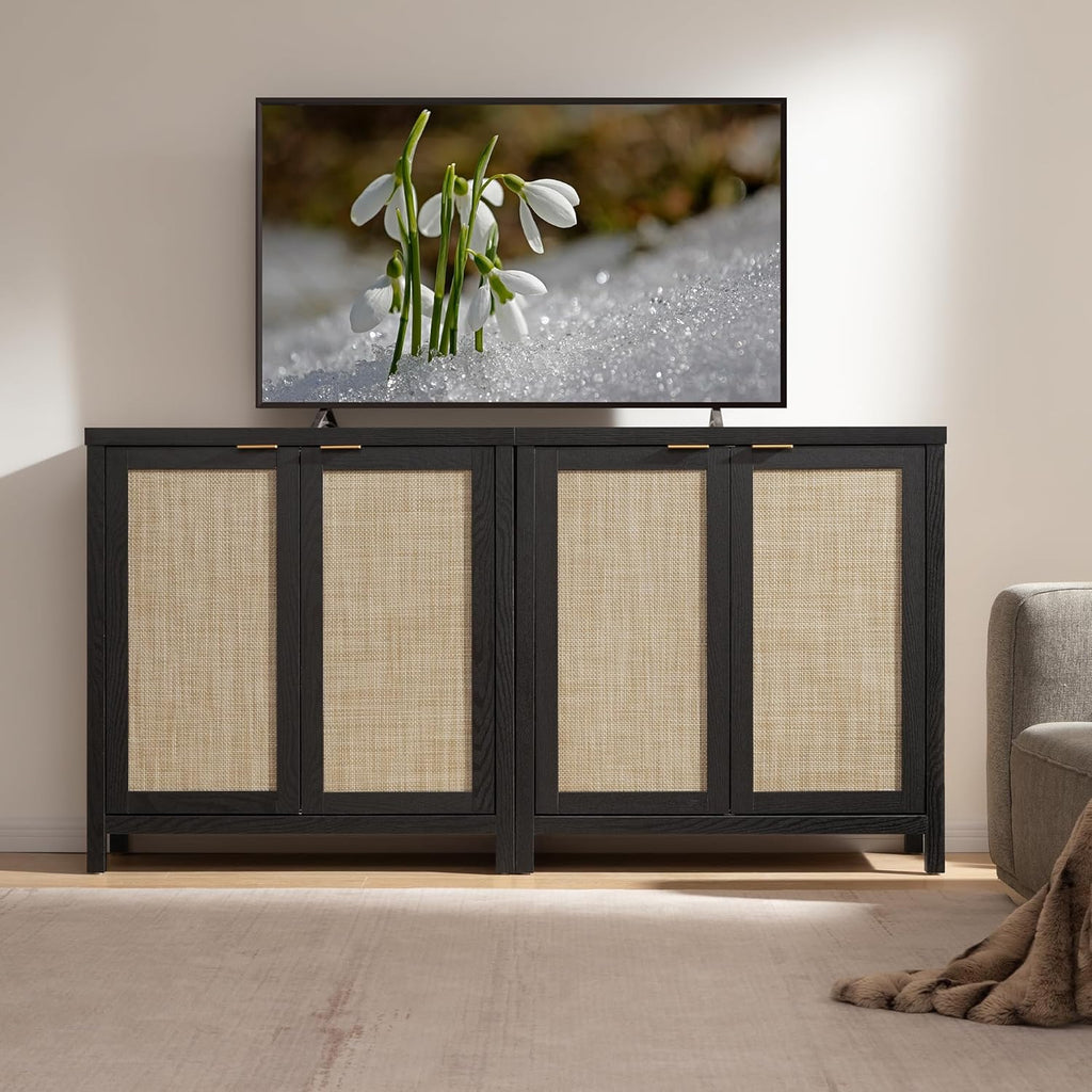 Sideboard Buffet Storage Cabinet - Boho Rattan Credenza Coffee Bar Cabinet with Large Storage