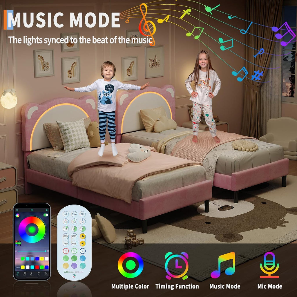 Pink Bed Frame Twin XL Size with LED Lights & Adjustable Headboard | Cute Bear Ear Kids Bed Frames, Velvet