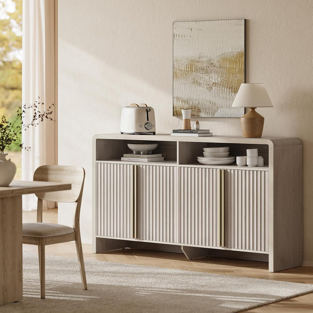 59" Sideboard Buffet Cabinet with Storage, Modern Fluted 4-Door Credenza Accent Cabinet with Open Storage Shelf