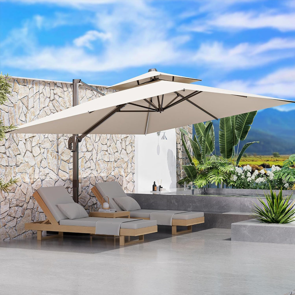 9' X 12' Cantilever Outdoor Patio Umbrellas Double Top Large Rectangle Umbrella Heavy Duty 360°Rotation Offset Umbrella