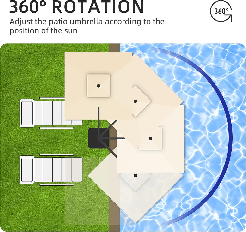 9x9 FT Cantilever Patio Umbrella with Base & Solar LED, Beige | 9x9 FT square shade, weighted base included
