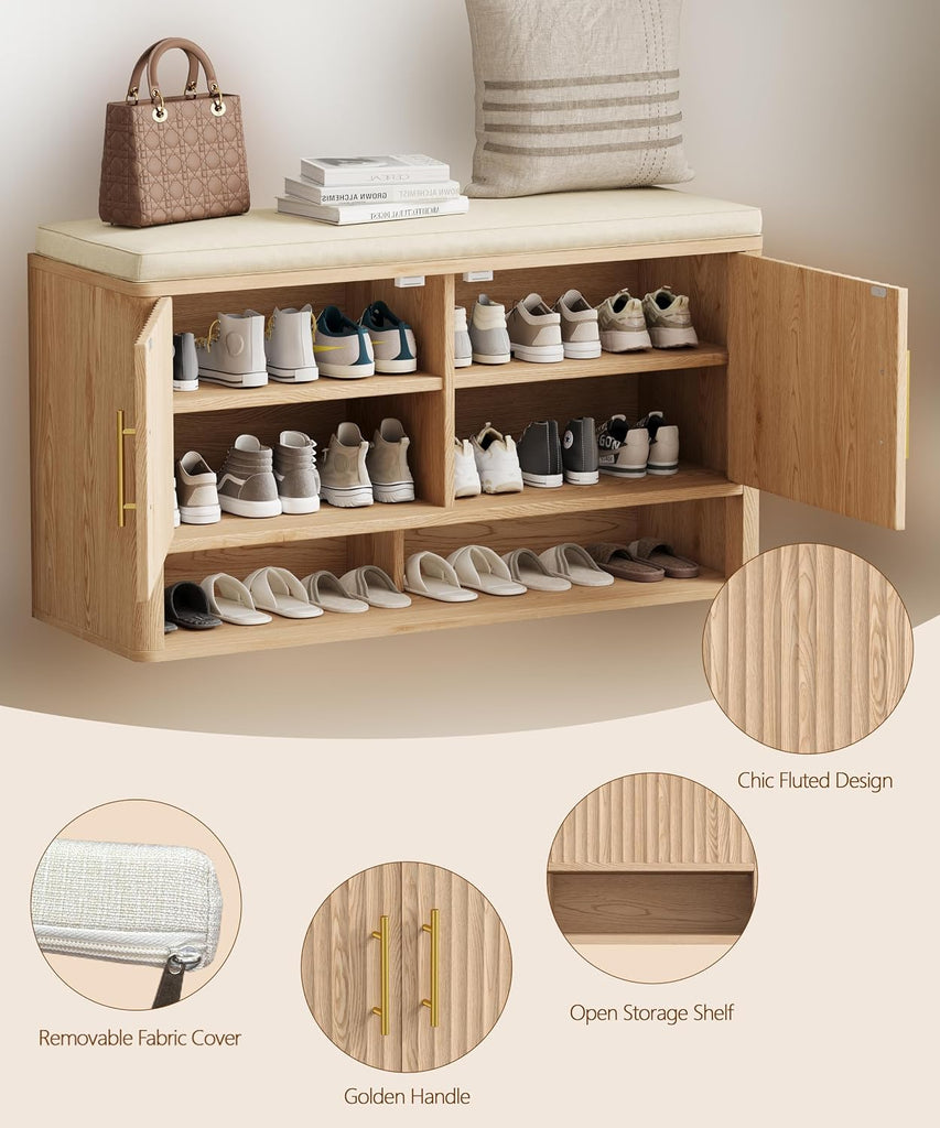 Fluted Shoe Storage Bench with Cushion, Entryway Bench with Adjustable Shelves and Open Bottom Shelf, Hidden Shoe