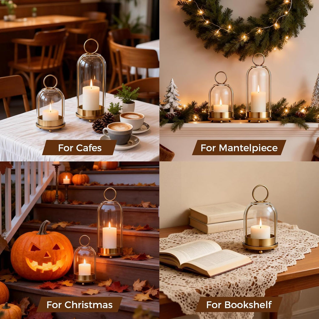 5"&4" Hurricane Glass Candle Holders, Hanging Brass Metal Candle Holder | Glass Candlestick Holders for Pillar