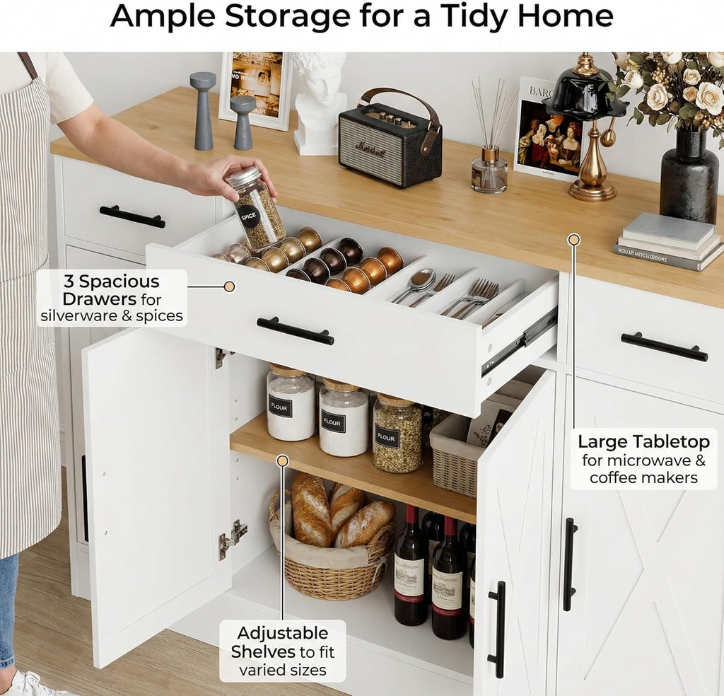 Buffet Cabinet with Storage, Farmhouse Storage Cabinet with 4 Doors and 3 Drawers