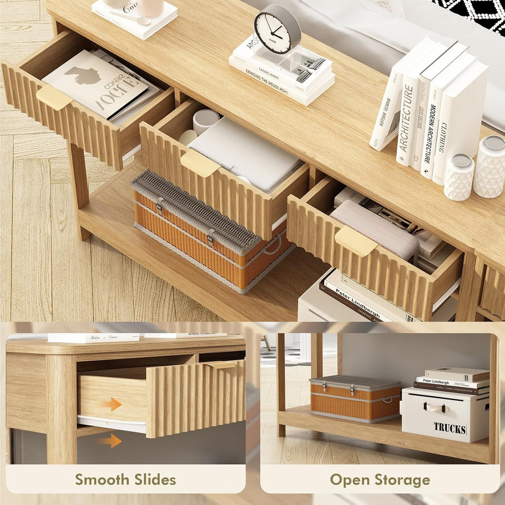 Fluted Console Table with Drawers, Modern 47.1" Entryway Table with Storage Shelf, Boho Narrow Skinny Behind Couch
