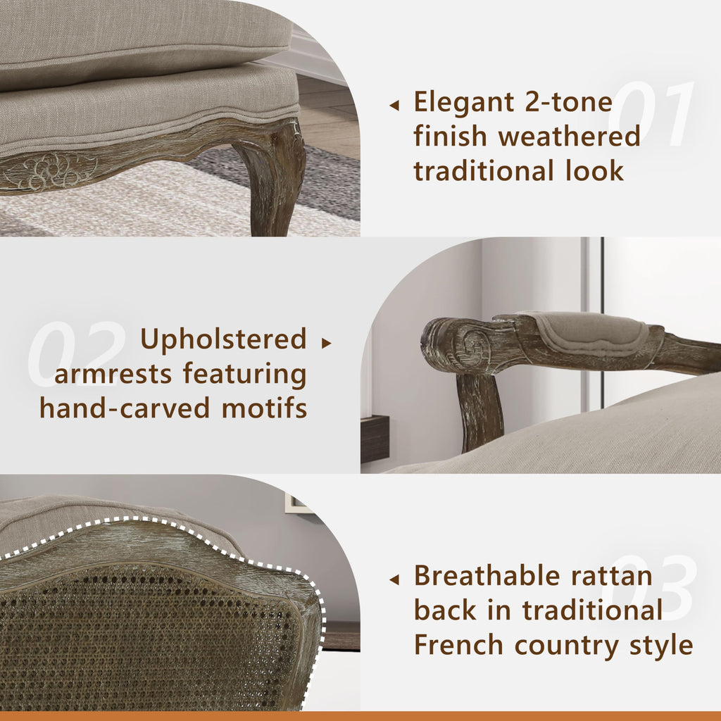 French Country Wood Accent Chair, Carved Frame, Neutral