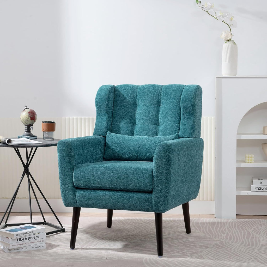 Modern Accent Chair Chenille Armchair with Pillow, Upholstered Arm Chairs with Solid Wood Legs, Soft Padded Lounge