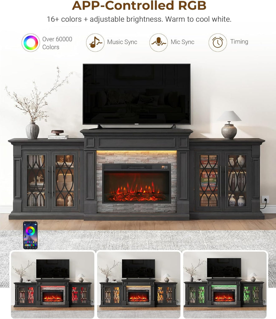 104" Sectional Fireplace TV Stand with LED/Outlet, 3 in 1 Modular | Media Entertainment Center with Storage for TVs