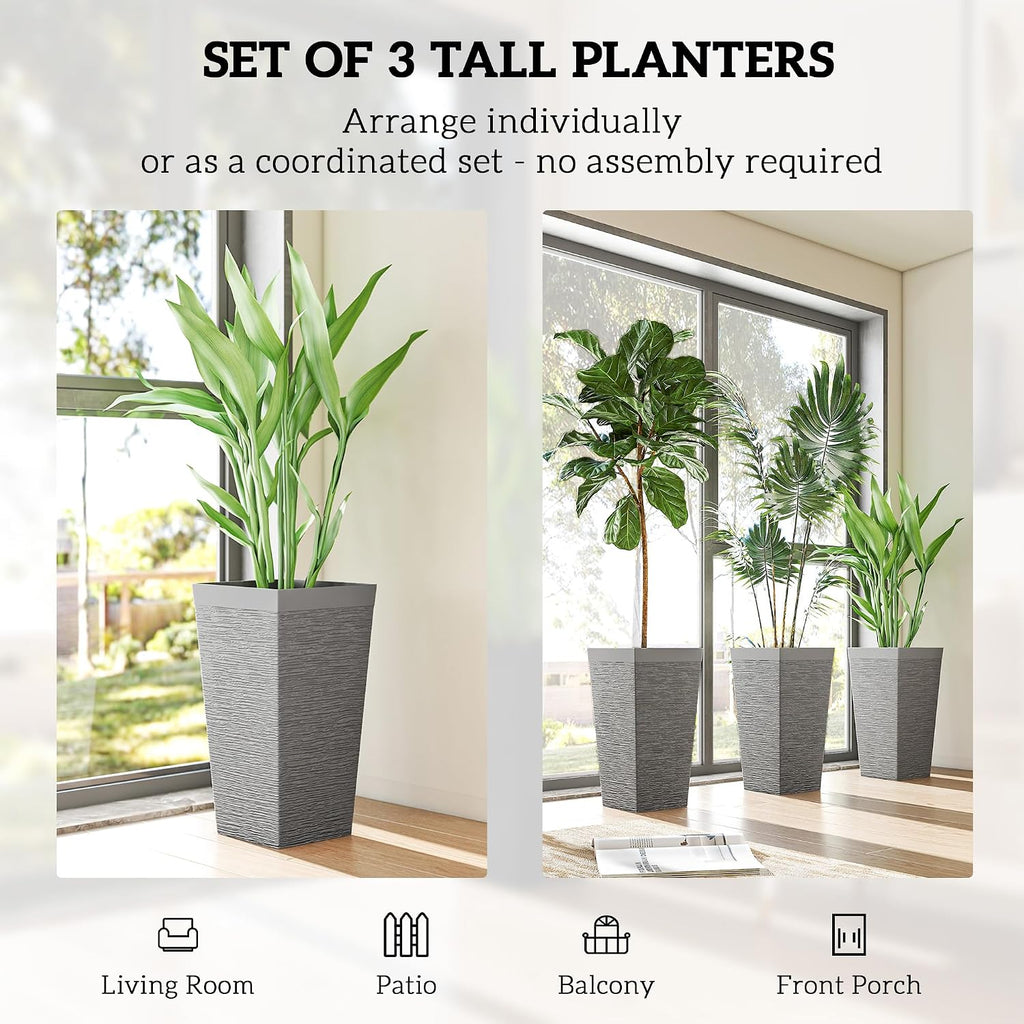 22.8 Inch Tall Planters for Outdoor Plants Set of 3, Gray | Wheels, Flower Pots, Stone Finish, Stackable Tapered