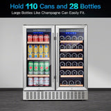 30 Inch Dual Zone Wine and Beverage Cooler,28 Bottles & 110 Cans Wine Fridge,Bui